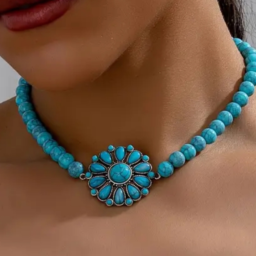 NECKLACE BOHO Collar  Necklace Beaded Simulated Turquoise Chain 12 inch